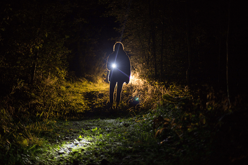 A person holding a flashlight at night
