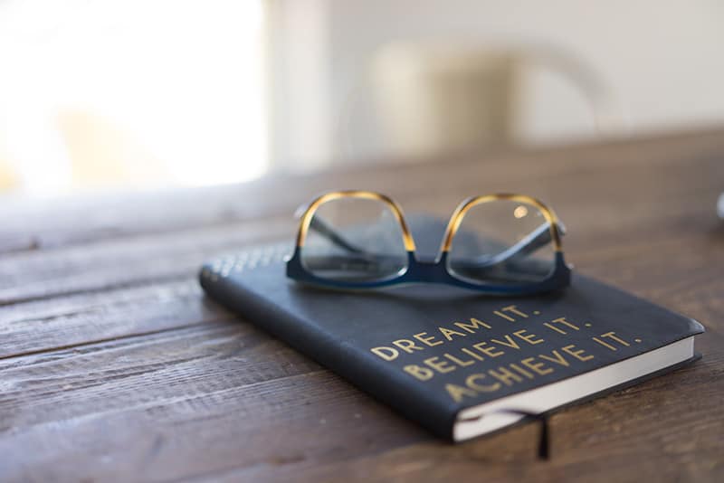 Eyeglasses sitting on a journal